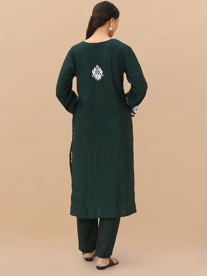HOUSE OF KARI Floral Embroidered Chikankari Straight Kurta with Trousers
