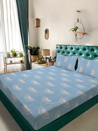 KLOTTHE Blue Geometric Printed Fitted 300TC Double King Bedsheet With 2 Pillow Cover