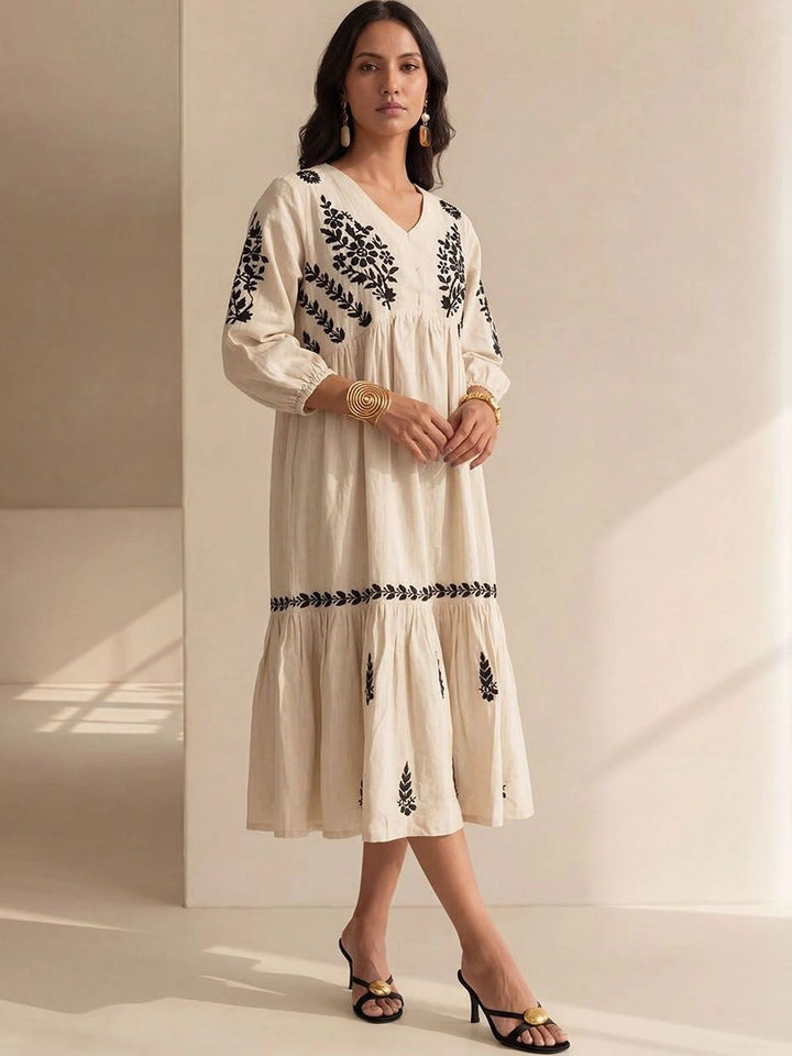 House of Chikankari Floral Embroidered A-Line Midi Dress