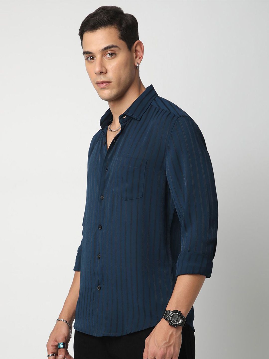 VASTRADO Men Classic Spread Collar Vertical Striped  Slim Fit Casual Shirt