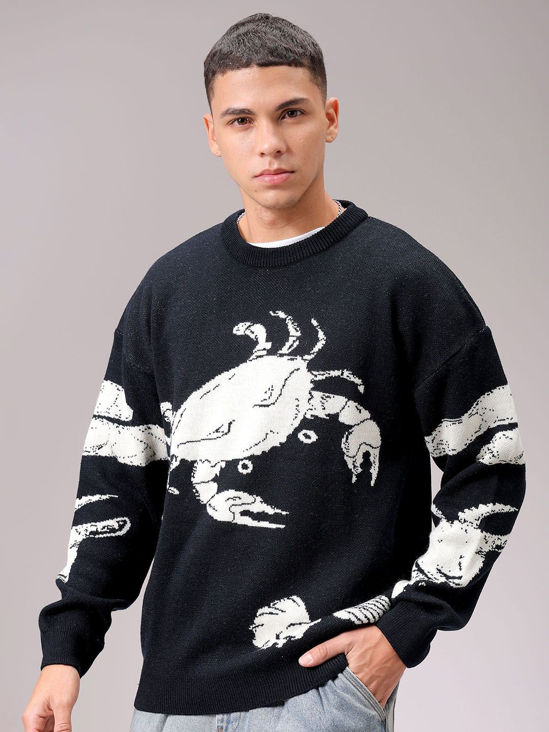 The Indian Garage Co Men Acrylic Graphic Printed Round Neck Pullover Sweaters