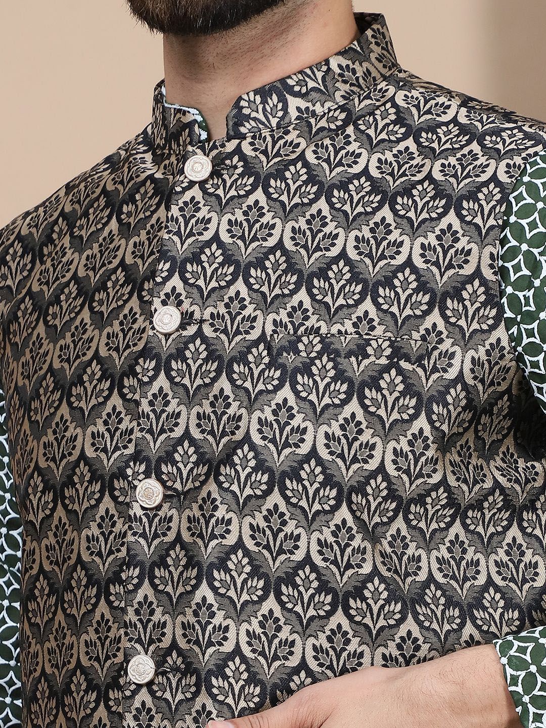 Anouk Embroidered Regular Pure Cotton Straight Kurta With Churidar & Nehru Jacket