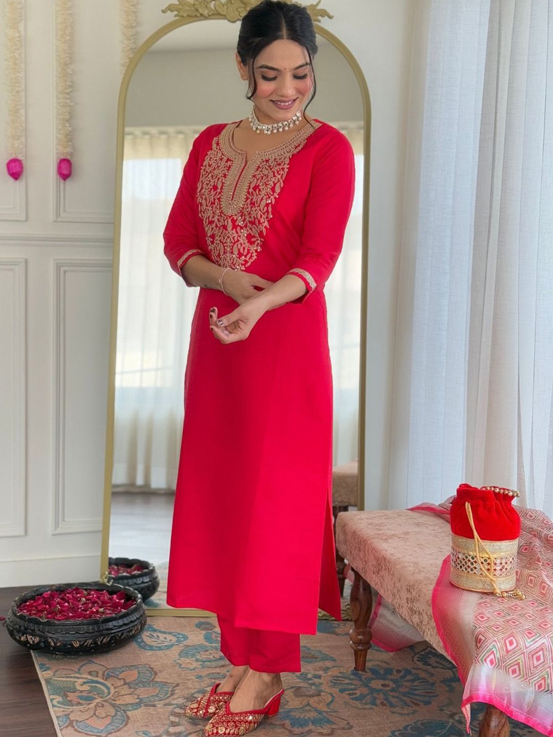 KALINI Women Floral Embroidered Regular Kurta with Trousers & With Dupatta