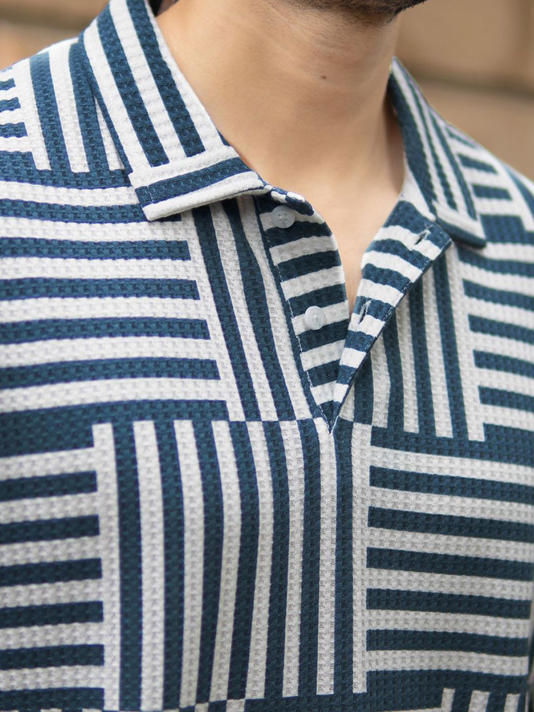 Powerlook SS25 Oversized Geometric Printed Polo Collar Drop-Shoulder Sleeves T-Shirt