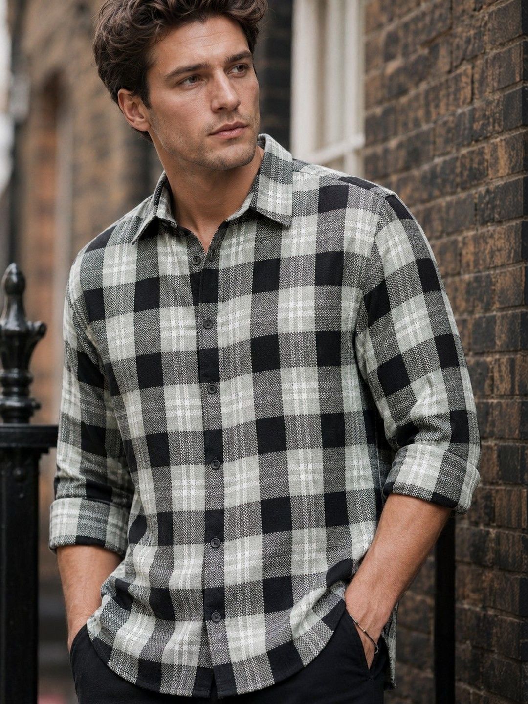 Eszett Checked Spread Collar Cotton Casual Shirt