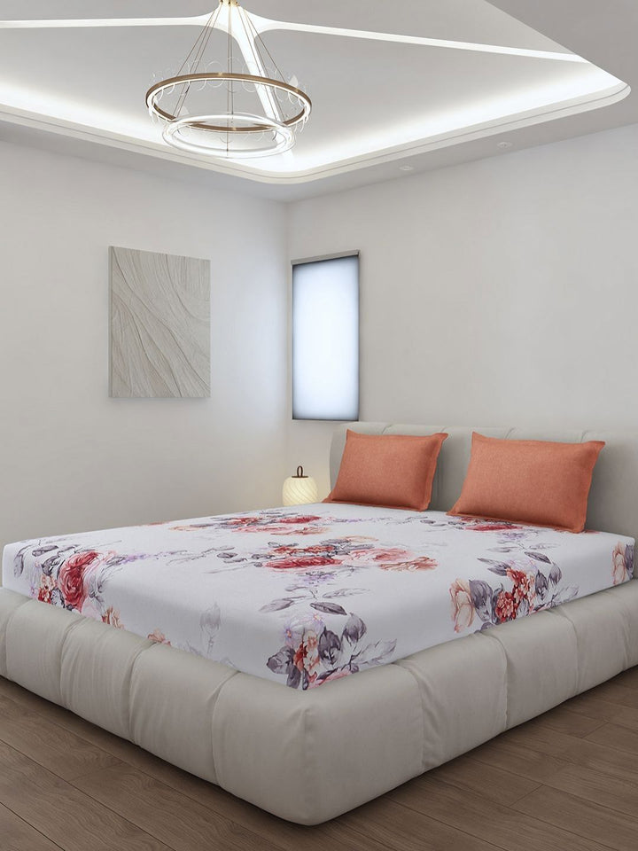 Monte Carlo Stanley White & Pink Floral Printed 144TC King Bedsheet Set 1.85 m x 1.95 m