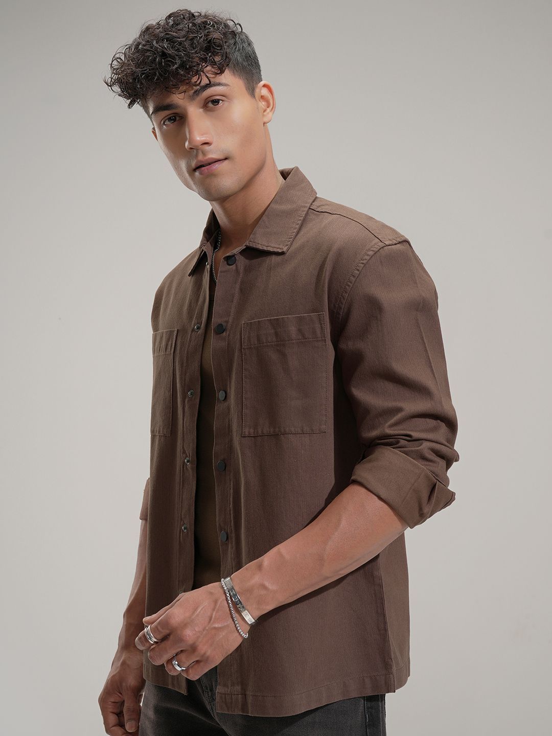 HIGHLANDER Men Comfort Relaxed Fit Textured Spread Collar Cotton Casual Shirt
