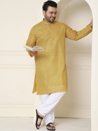 SOJANYA Plus Ethnic Motifs Printed Mandarin Collar Long Sleeve Cotton Linen Straight Kurta