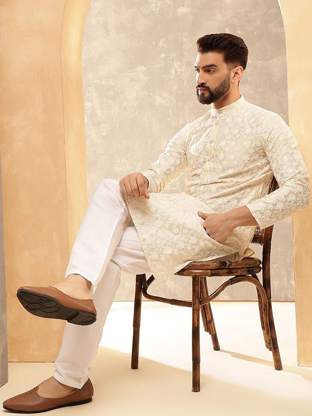 Anouk Cream Embroidered Mandarin Collar Kurta With Trouser