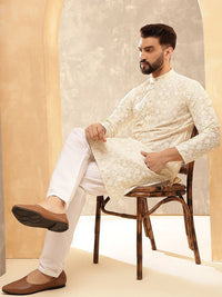 Anouk Cream Embroidered Mandarin Collar Kurta With Trouser