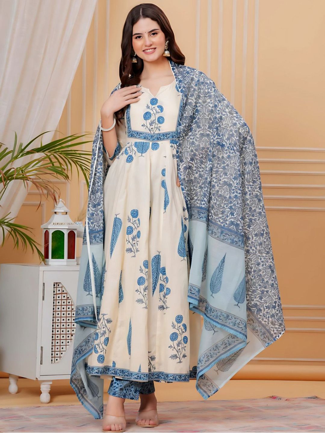 KALINI Floral Printed Panelled Anarkali Pure Cotton Kurta With Trousers & Dupatta