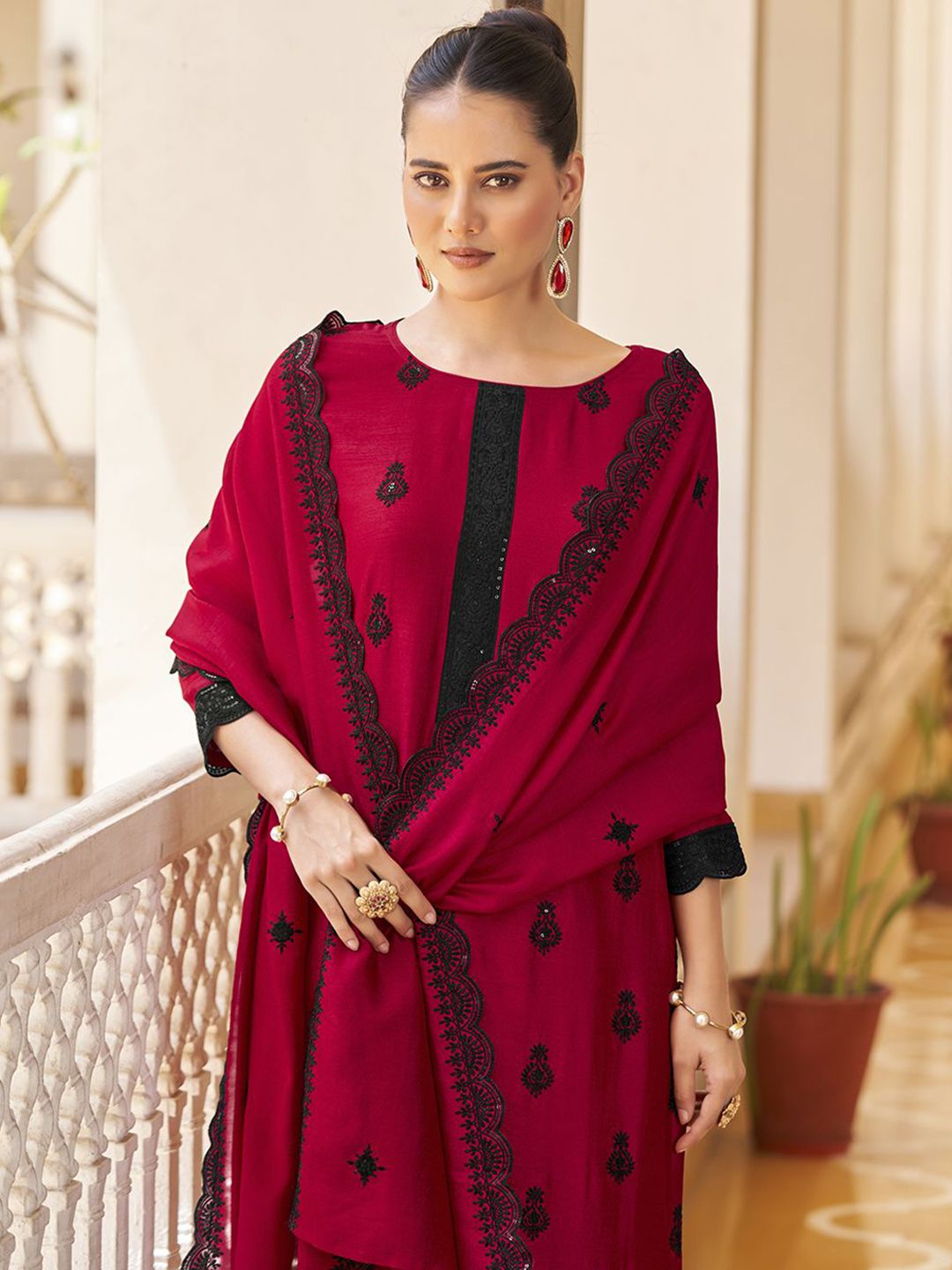 KALINI Floral Embroidered Straight Kurta with Trousers & Dupatta