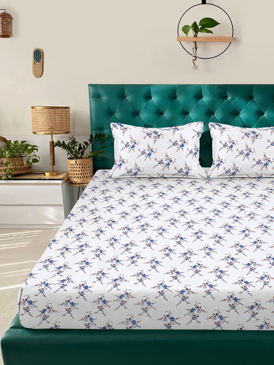 KLOTTHE White & Blue Floral 300 TC Set Cadar Double Dipasang Raja-2.50mx2.25m