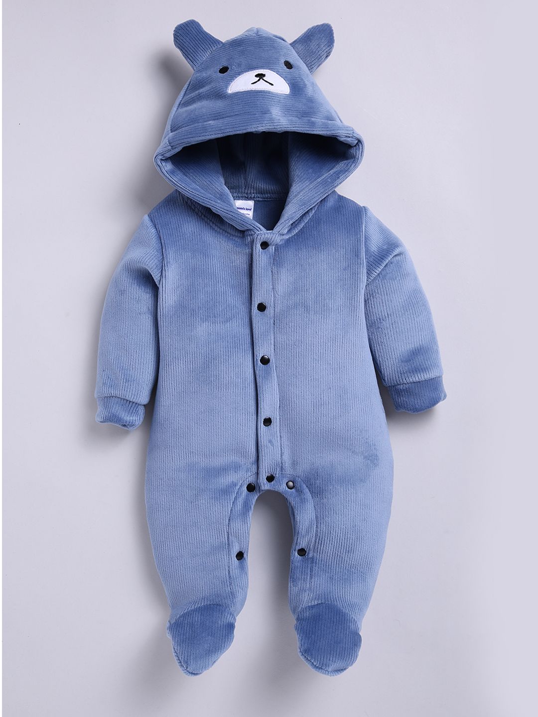 Moms Love Infant Boys Pure Cotton Velvet Finish Ribbed Hooded Sleepsuit
