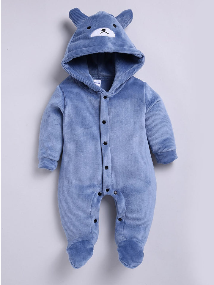 Moms Love Infant Boys Pure Cotton Velvet Finish Ribbed Hooded Sleepsuit