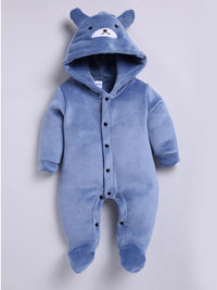 Moms Love Infant Boys Pure Cotton Velvet Finish Ribbed Hooded Sleepsuit