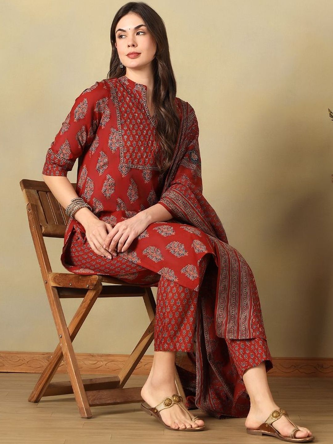 Mamicha Women Ethnic Motifs Printed Angrakha Mirror Work Pure Cotton Kurta with Trousers & With Dupatta