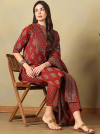 Mamicha Women Ethnic Motifs Printed Angrakha Mirror Work Pure Cotton Kurta with Trousers & With Dupatta
