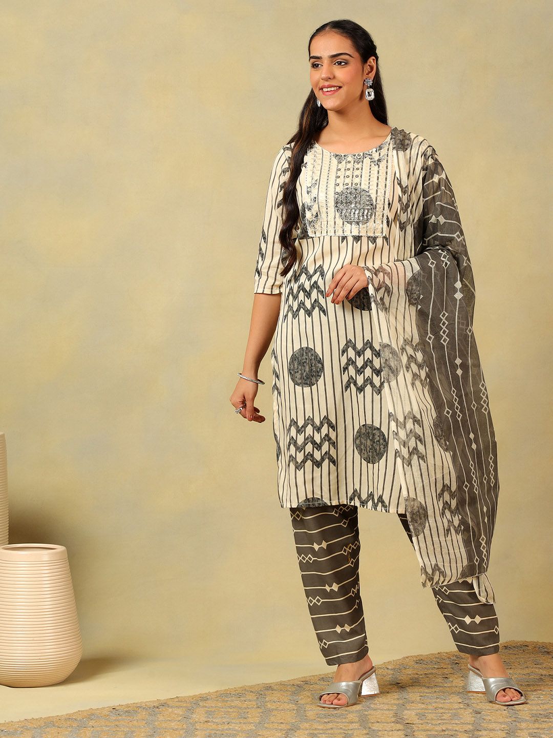 Mamicha Wanita Bercetak Kurta Kapas Tulen Labuci Biasa dengan Seluar & Dengan Dupatta