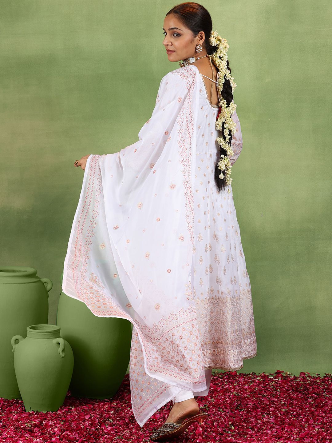 Libas Floral Embroidered Mirror Work Anarkali Kurta With Trousers & Dupatta