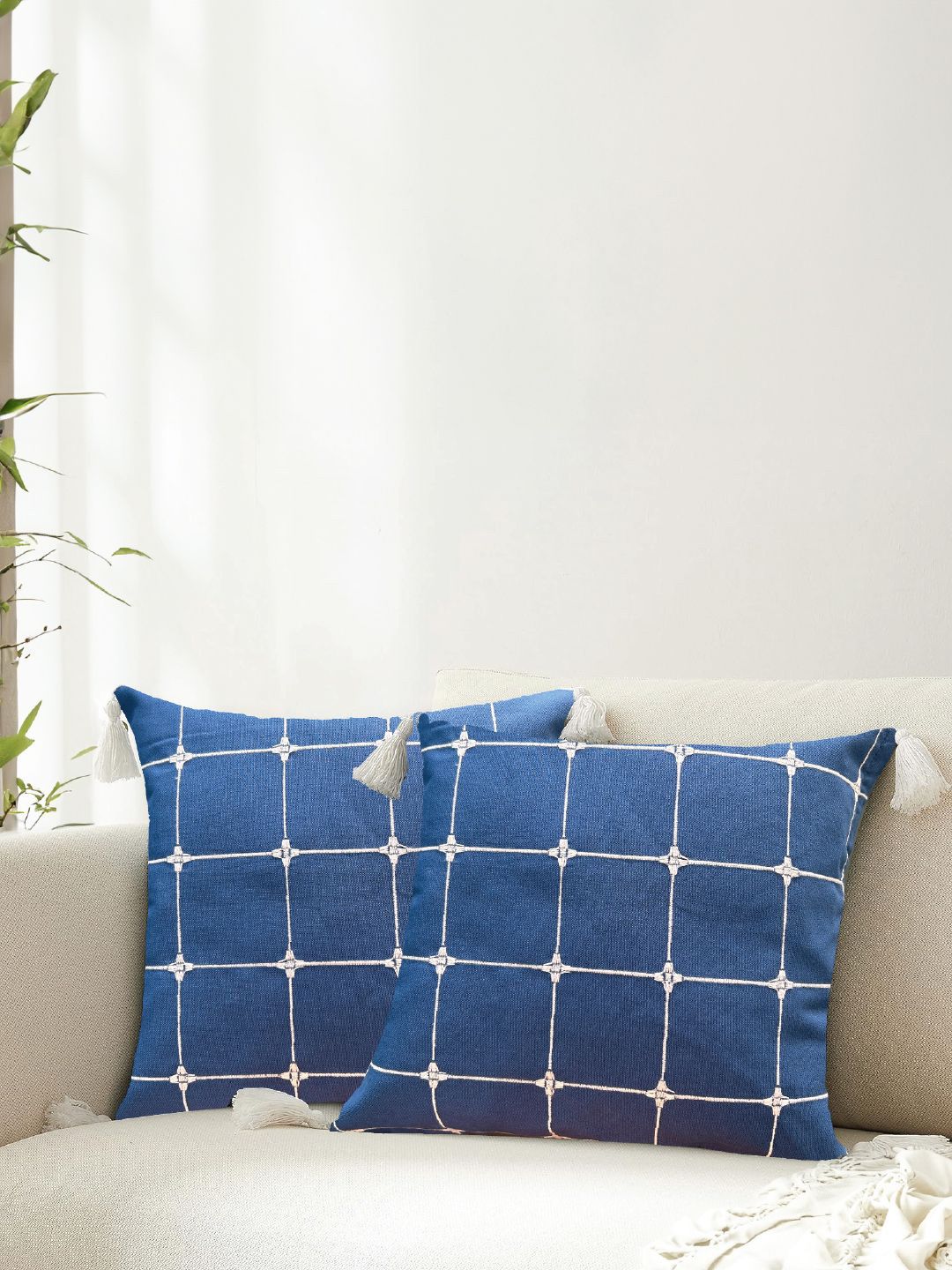 URBAN SPACE Blue & White 2 Pieces Embroidered Square Cushion Covers