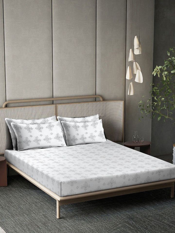 Myntra Elegant Homes White & Grey Floral 400 TC Cadar dengan 2 Sarung Bantal