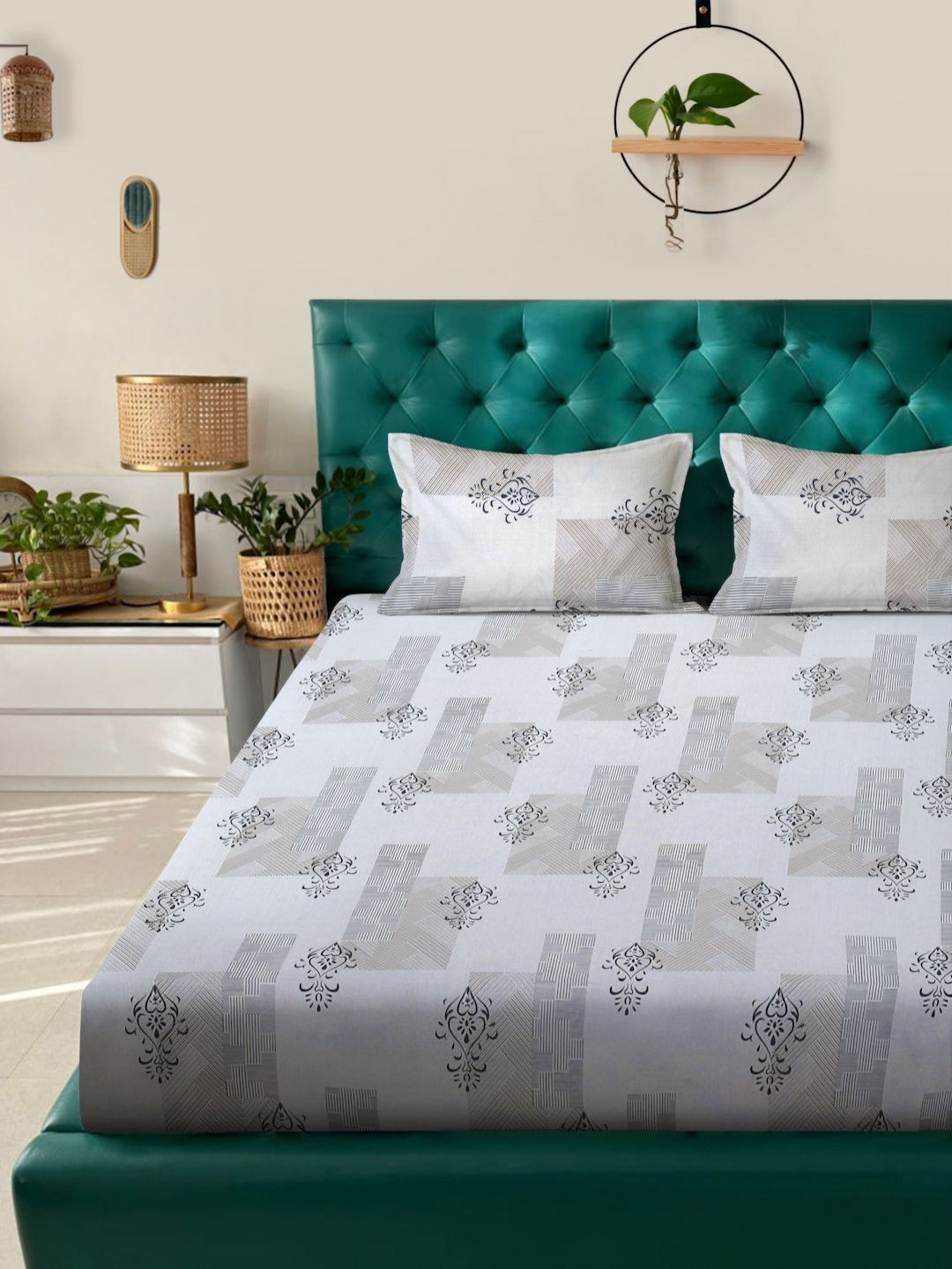 Aura Grey Ethnic Motifs Polycotton 300 TC King Fine Bedsheet with 2 Pillow Covers-98 x 89 inches