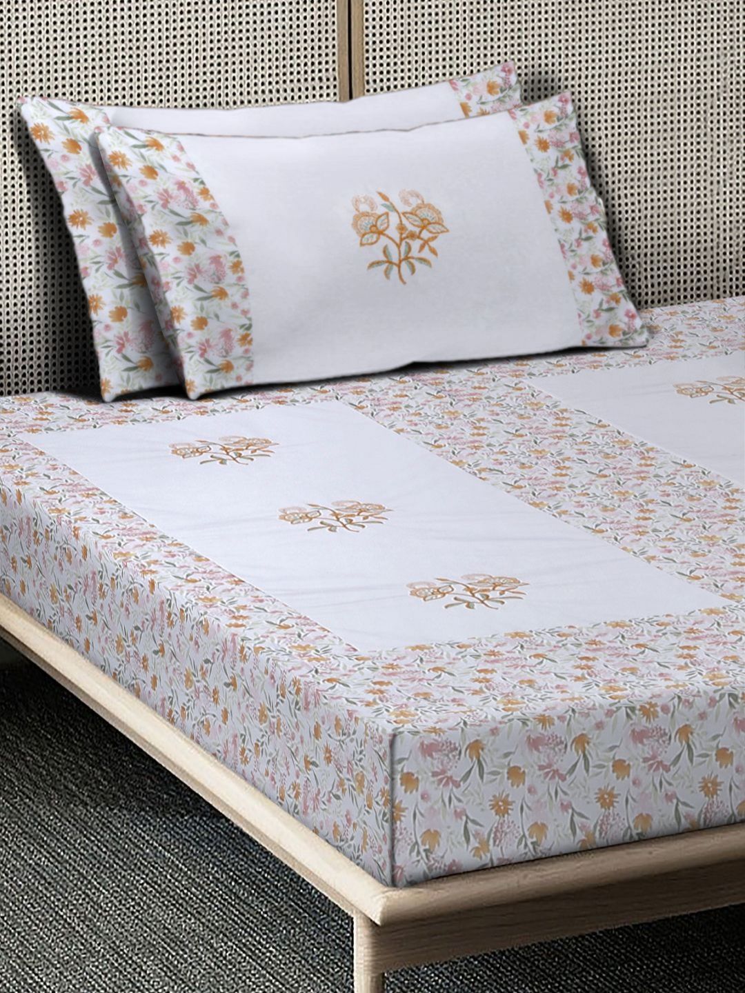 Myntra Elegant Homes White Floral Cotton Breathable 400 TC Single Superfine Bedsheet with 2 Pillow Covers-225 x 150 cm