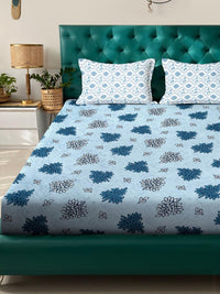 KLOTTHE Blue Floral 400 TC King Bedsheet with 2 Pillow Covers
