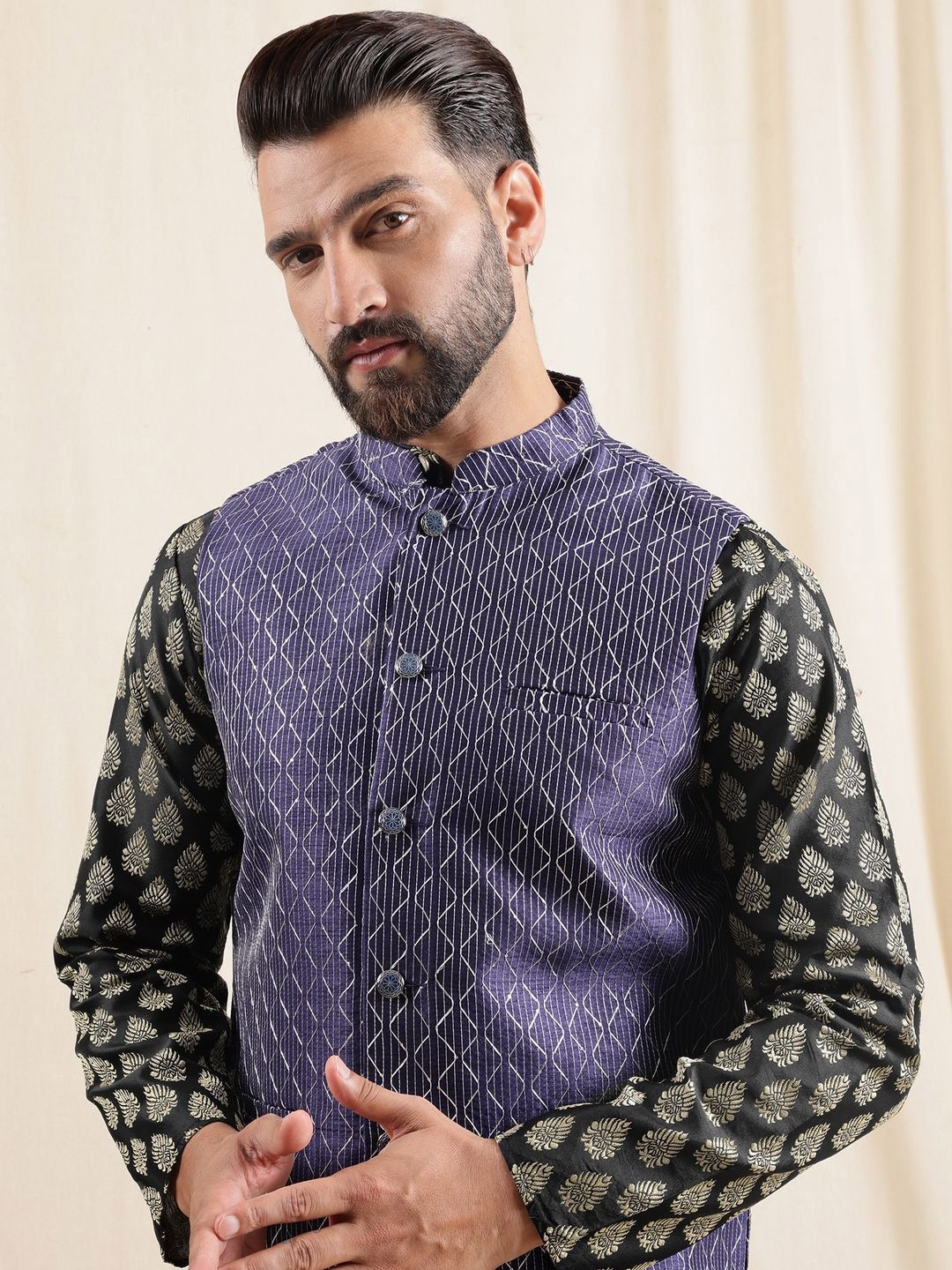 Anouk Geometric Printed Band Collar Straight Kurta With Pyjama And Nehru jacket