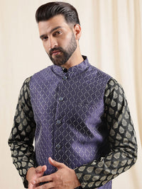 Anouk Geometric Printed Band Collar Straight Kurta With Pyjama And Nehru jacket
