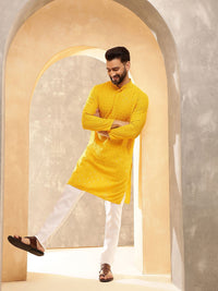 Anouk Yellow Geometric Embroidered Mandarin Collar Straight Pure Cotton Kurta With Pyjamas