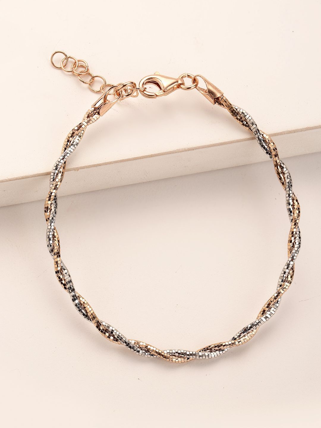PANASH 925 Sterling Silver Rose Gold & Gelang Rantai Berpintal Bersalut Rhodium