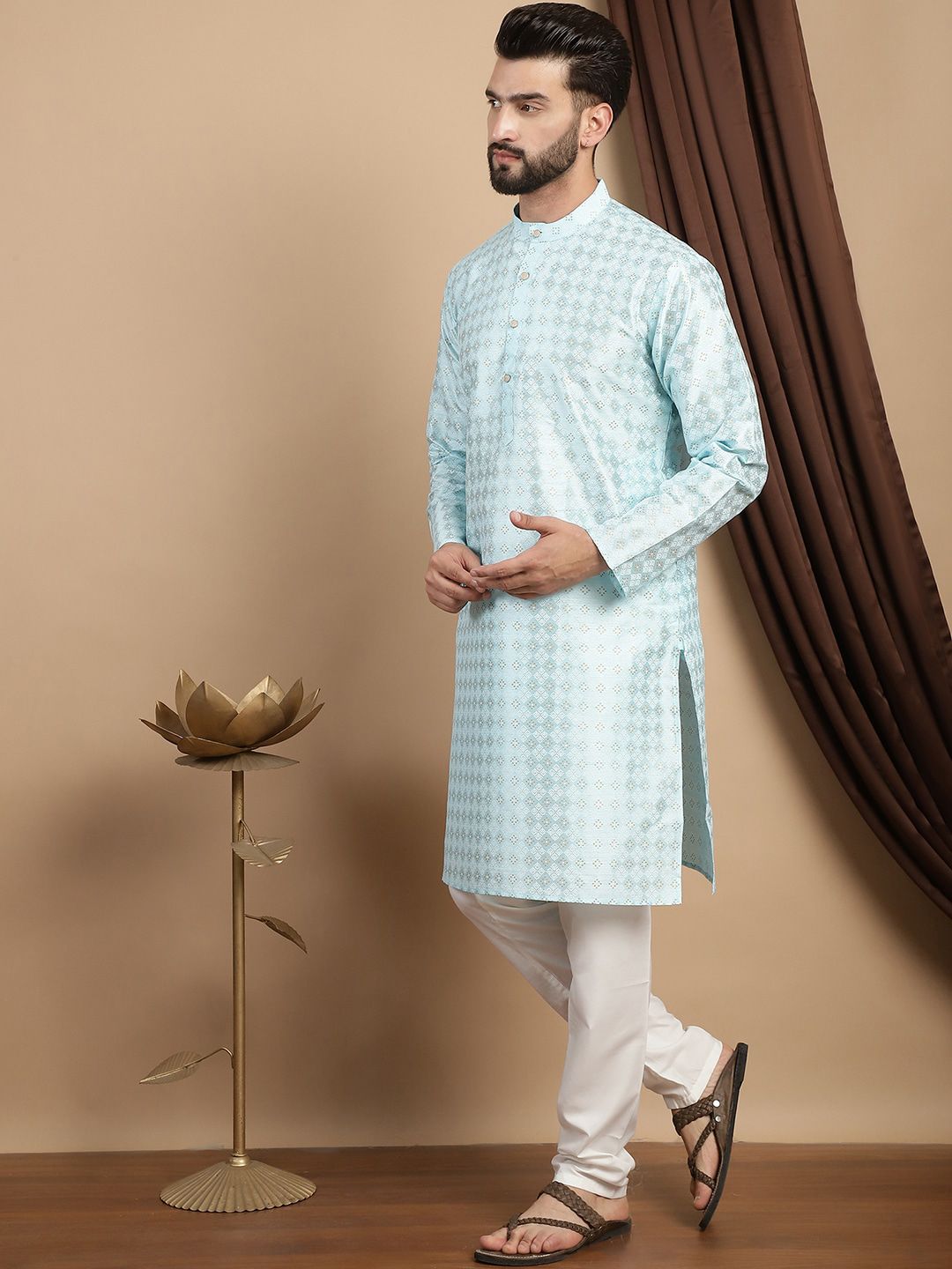 Motif Etnik Anouk Bercetak Kolar Mandarin Kurta Lurus Biasa dengan Churidar