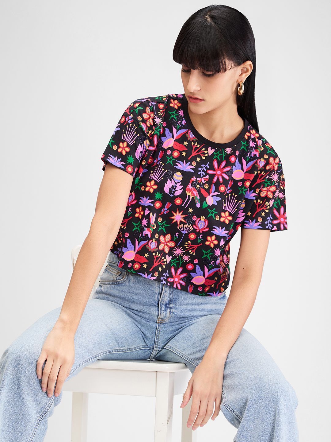 SPYKAR Women Floral Printed Tropical Pockets Boxy T-shirt