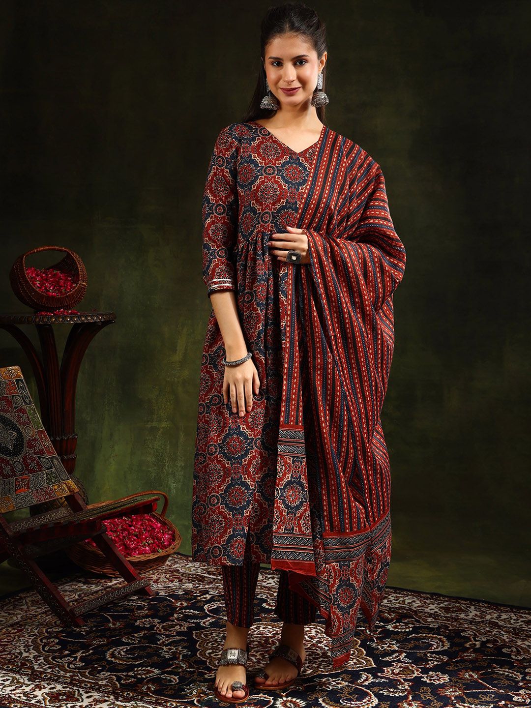 KALINI Ethnic Motifs Printed Anarkali Kurta With Trousers & Dupatta