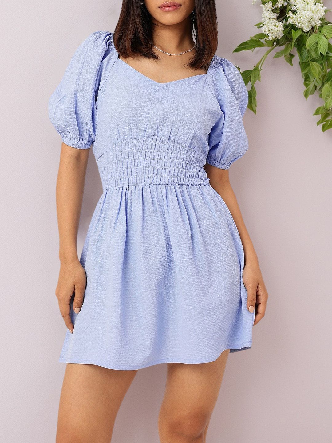 DressBerry Elegant Chic Cinched Waist Seersucker A-Line Mini Dress