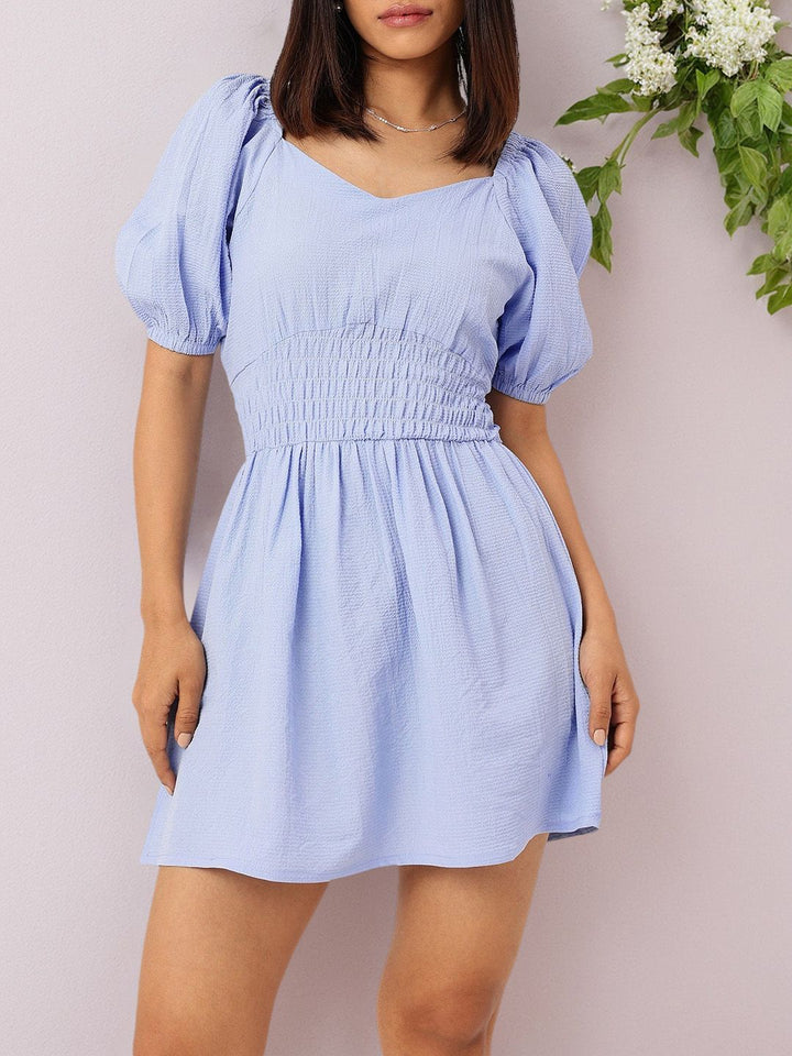 DressBerry Elegant Chic Cinched Waist Seersucker A-Line Mini Dress