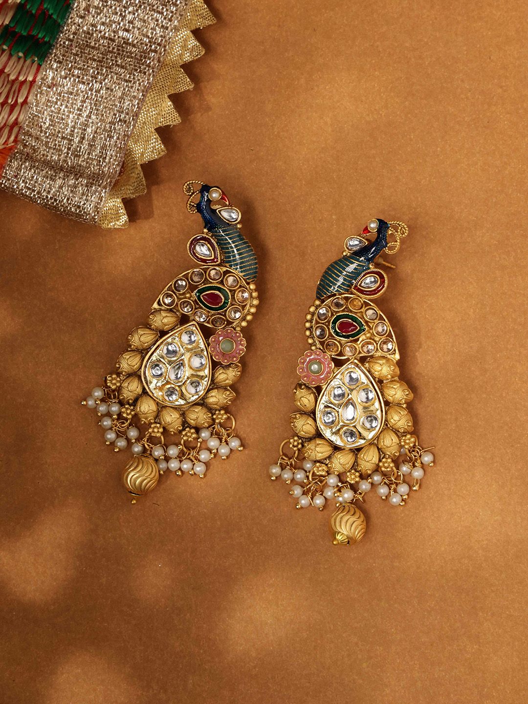 PANASH Gold-Plated Peacock Shaped Stone Studded & Beaded Drop Earrings