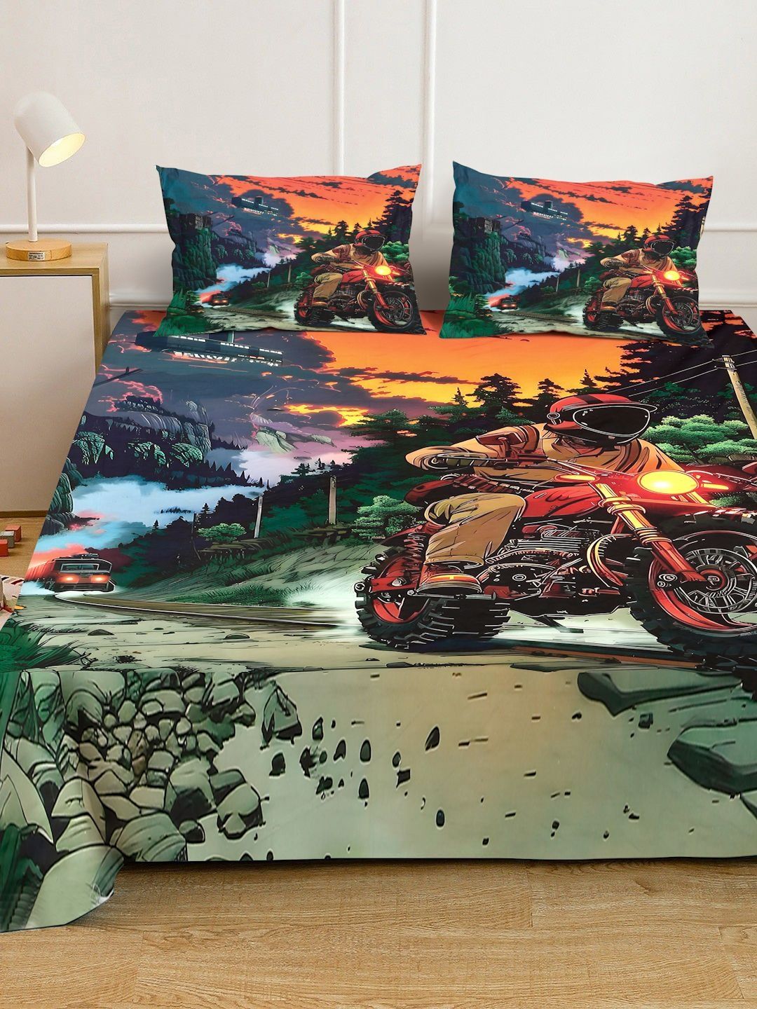 Myntra Elegant Homes Multicoloured Graphic 300 TC King Bedsheet with 2 Pillow Covers