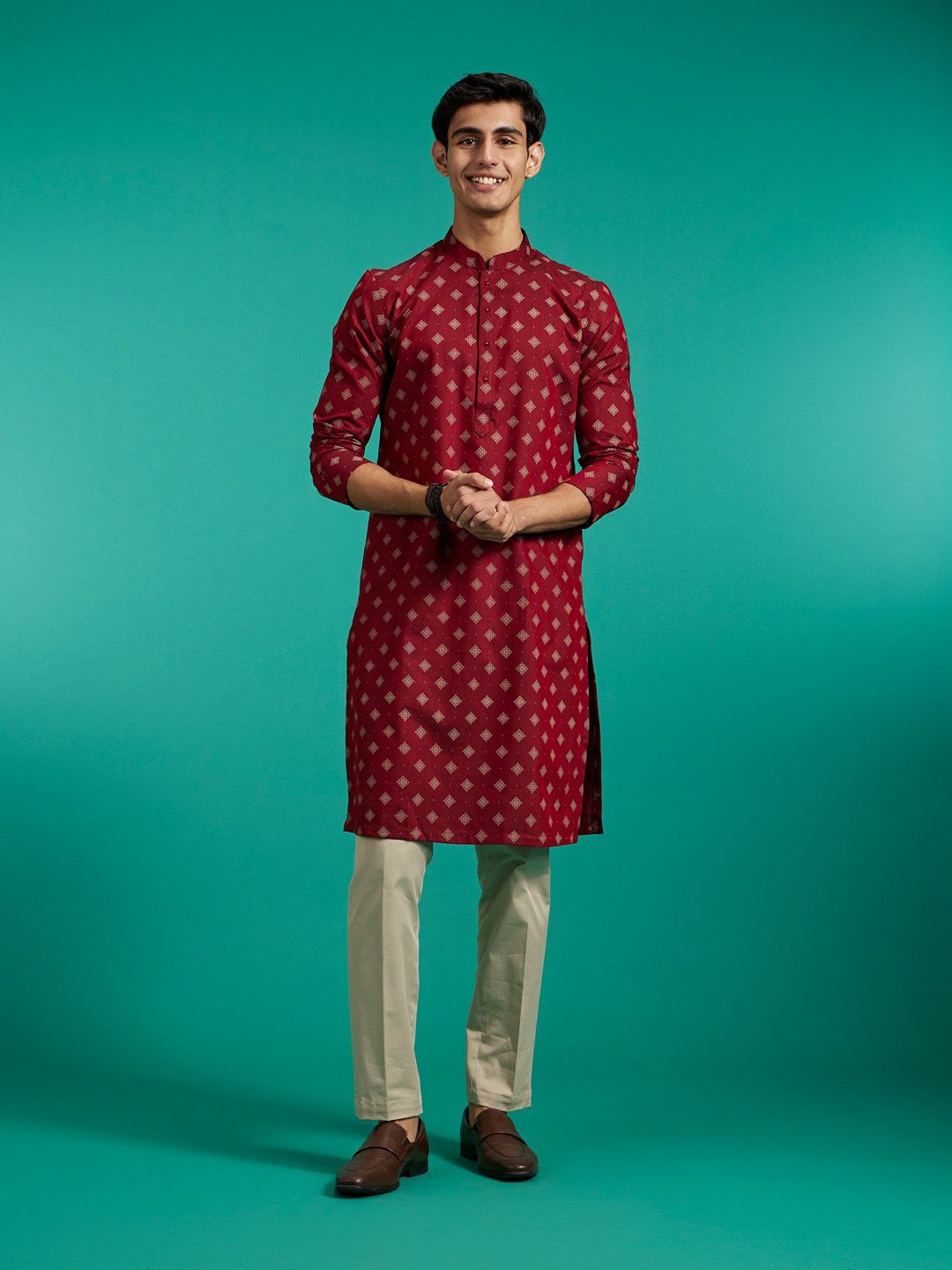 Diwas oleh Manyavar Ethnic Motifs dicetak leher kolar mandarin biasa Kurta kapas tulen