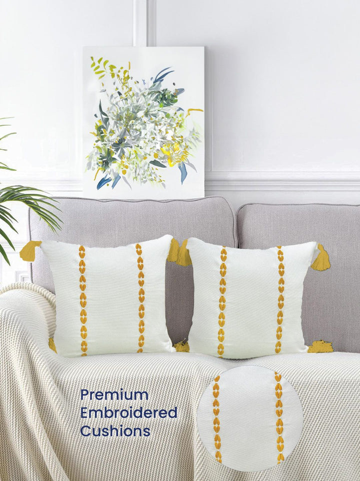 URBAN SPACE Yellow & White 2 Pieces Embroidered Pure Cotton Square Cushion Covers