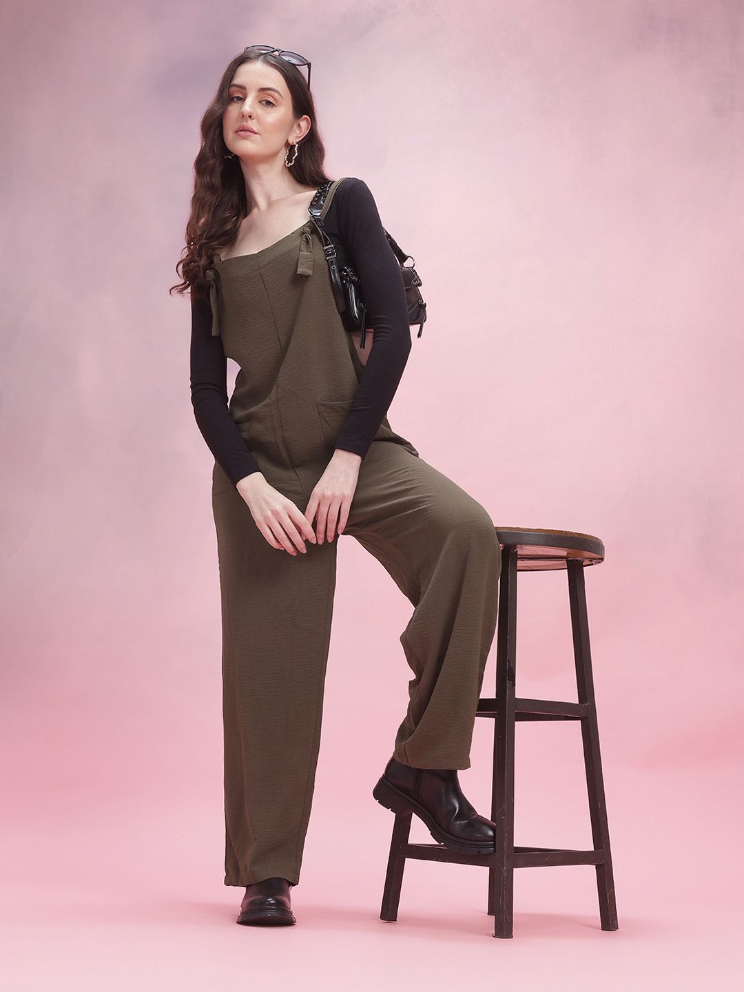 DressBerry Wrinkled Effect Tie-Up Detail Shoulder Straps Basic Jumpsuit