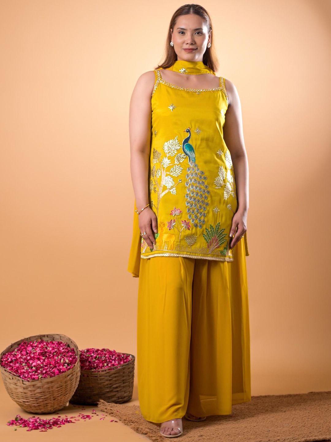 Mamicha Women Woven Design Embroidered Cotton A-Line Kurti with Palazzos & Dupatta