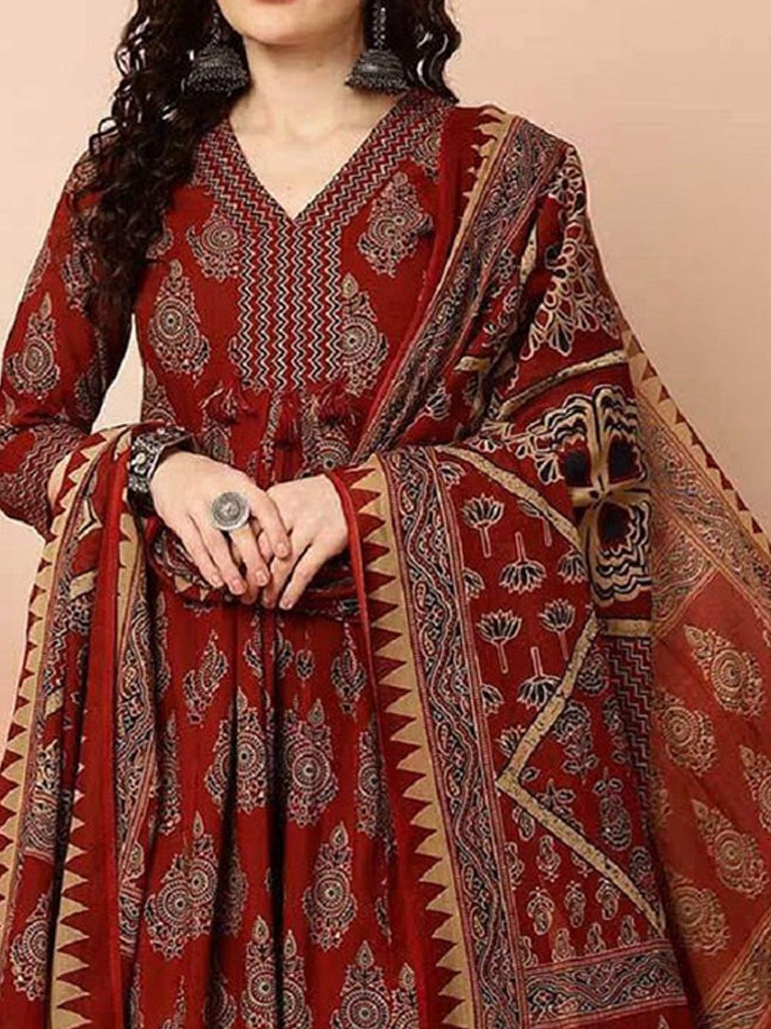 KALINI Ethnic Motifs Printed V-Neck Straight Kurta with Trousers & Dupatta