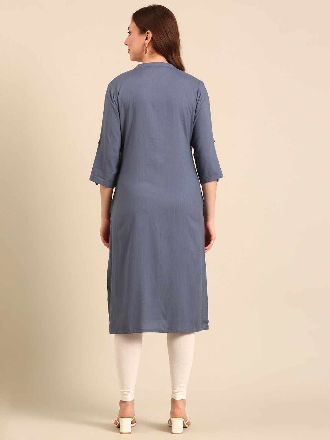 Anouk Grey Floral Yoke Designed Mandarin Collar Thread Work Pure Cotton Straight Kurta
