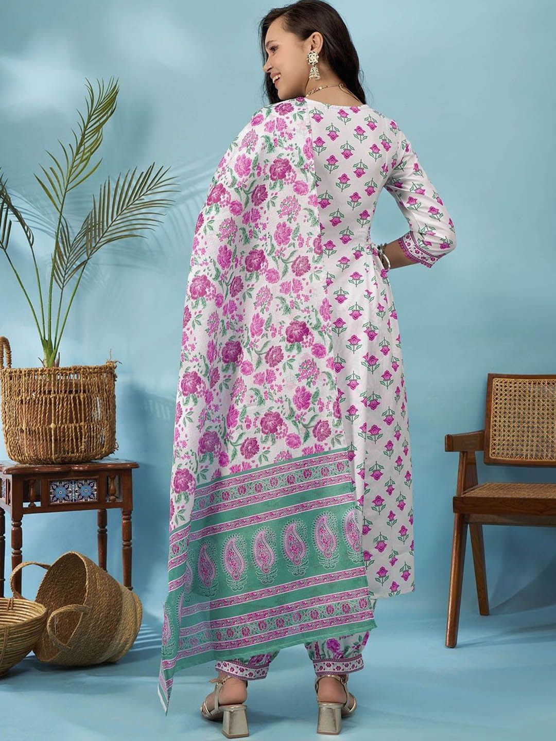 KALINI Floral Printed Waist Tie-Up A-Line Kurta with Trousers & Dupatta