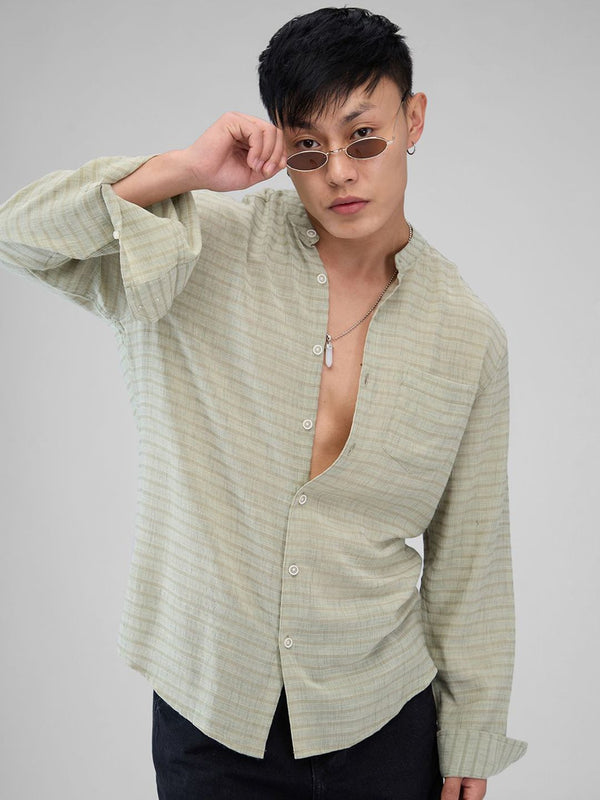 VASTRADO Men Classic Band Collar Horizontal Striped Cotton Casual Shirt