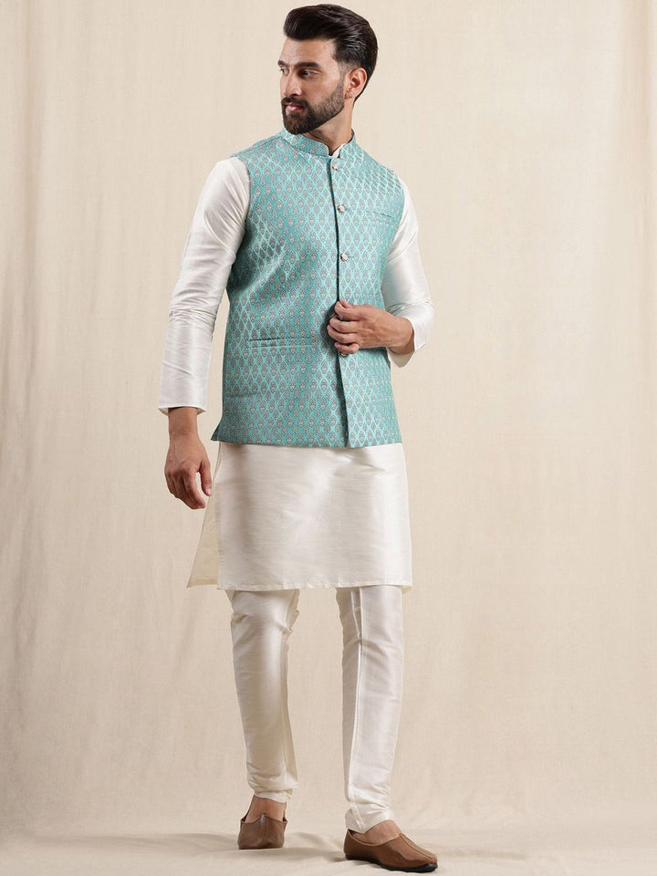 Anouk Men Kurta with Pyjamas with Woven Design Blue Nehru Jacket