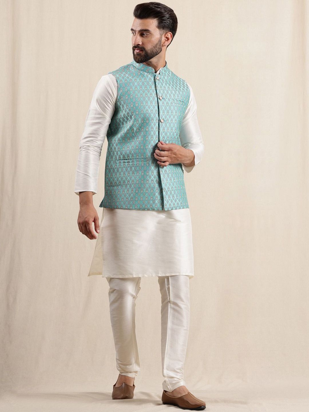 Anouk Men Kurta with Pyjamas with Woven Design Blue Nehru Jacket